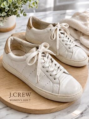 J.Crew White Leather Low Top Sneakers Womens Size 7 Gold Heel Lace Up